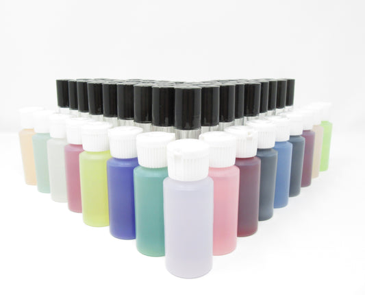 16 (1 oz.) plastic bottles with squeeze caps and 48 empty (1/3 oz.) Roll-on bottles
